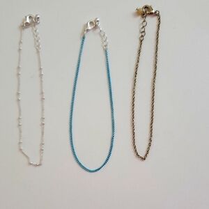ANKLE BRACELET TRIO Silver, Blue, and Gold Chain Set